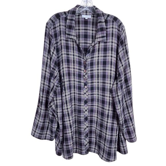 HABITAT Plaid Crinkle Tunic Top Gray Black Long Sleeve Shirt Size XL EUC - Picture 2 of 16